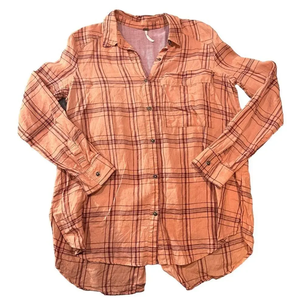 Free People Overshirt Womens Small Orange‎ Plaid Button Front Collared